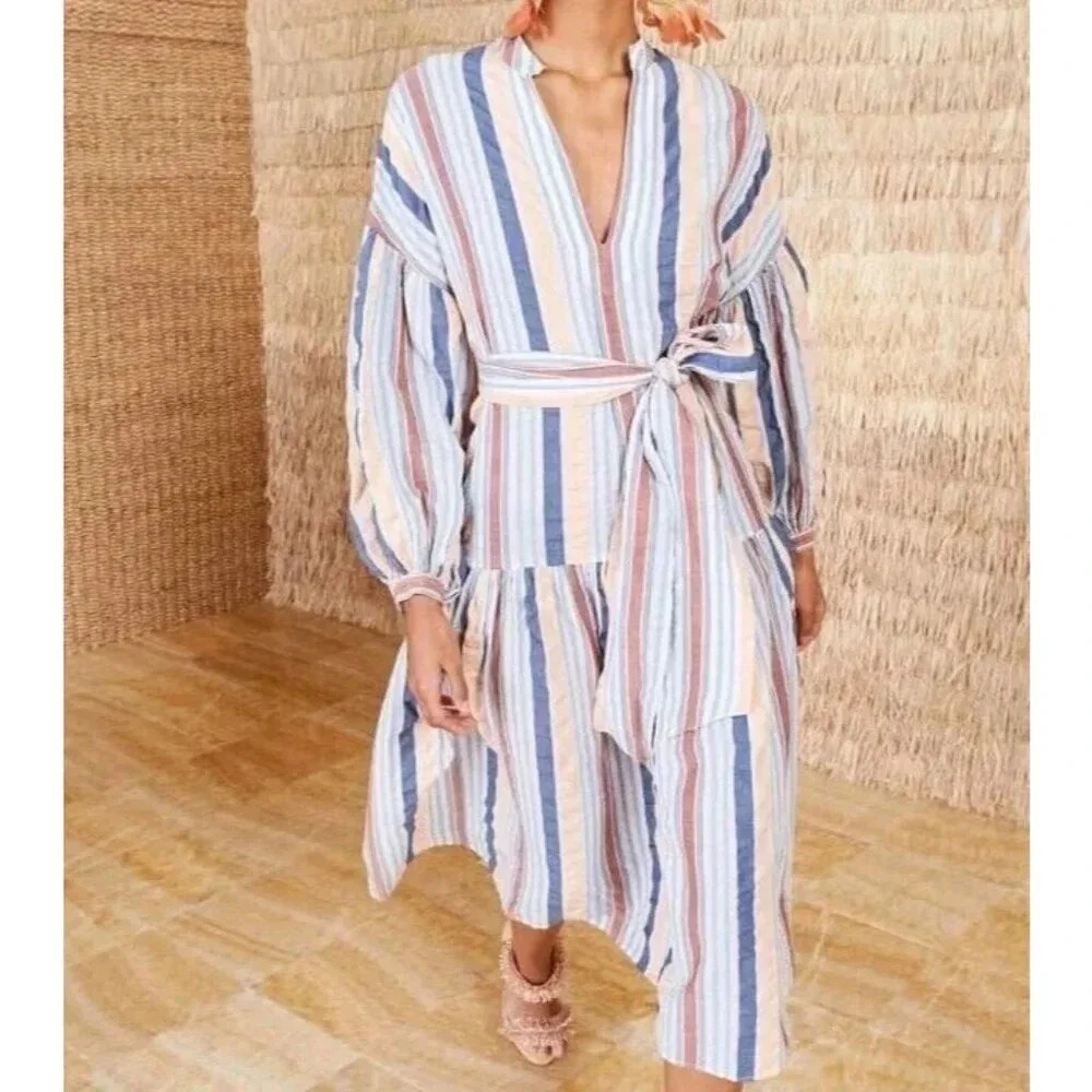 Ulla Johnson 100% Cotton Selvi Midi Dress Multi Striped Oversized Belted Size 0